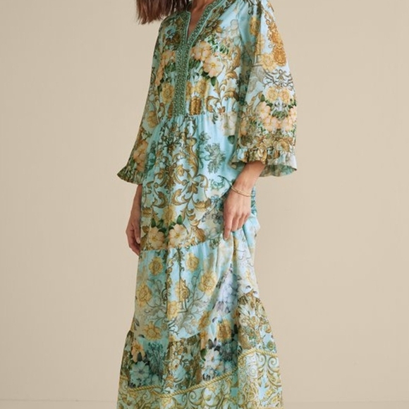 Floral Maxi Dress in Blue and Gold SZ. LARGE - Picture 2 of 6